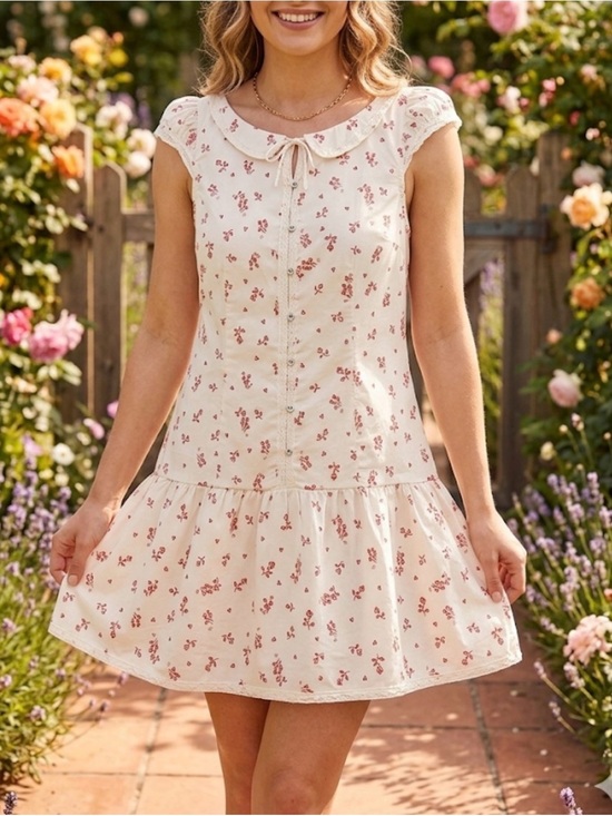 Free People Dresses & Skirts - Free People Cream Mini Dress with Pink Floral Print